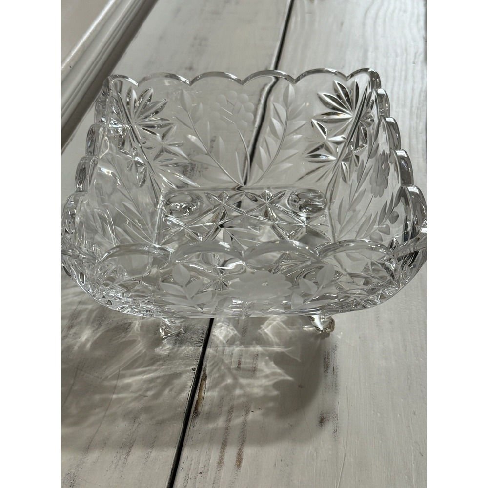 Vintage Lead Crystal Dish Footed Square Dish Scalloped Edge 8"x8" 4.5" Tall